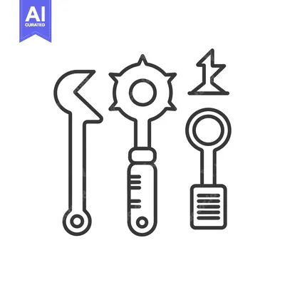 Aset desain premium: Outline illustration of a wrench, screwdriver, and a circular saw