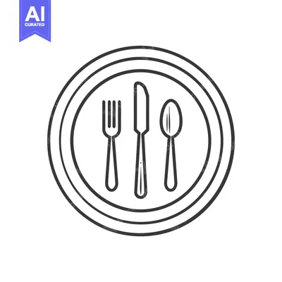 Premium design asset: Outline Illustration of Fork, Knife, and Spoon on Plate