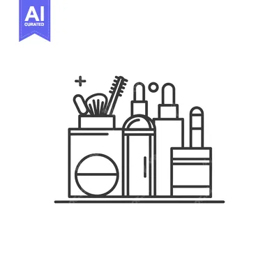 Aset desain premium: Outline Illustration of Makeup Products in a Tray