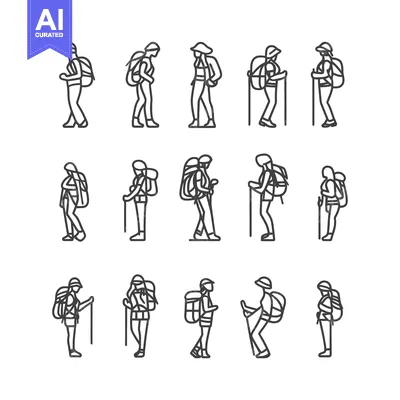 Aset premium populer: Outline Illustrations of Hikers with Backpacks and Trekking Poles