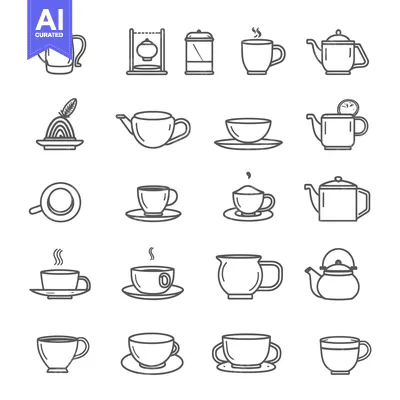Outline Illustrations of Teapots and Teacups