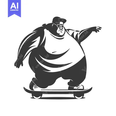 Aset desain premium: Overweight Man in Sunglasses and Hat Skateboarding