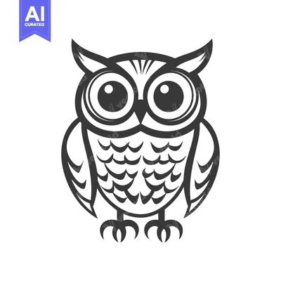 Premium design asset: A black and white illustration of a cartoon owl standing upright