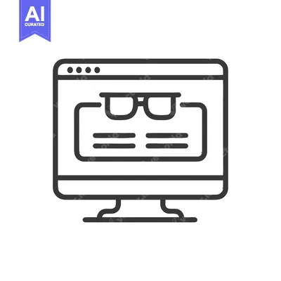 Aset desain premium: Minimalist Computer Displaying Eyeglasses Icon, Black and White Line A