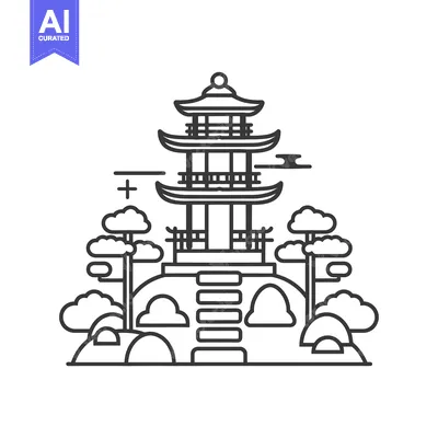 Aset desain premium: Pagoda on a Hill with Surrounding Trees and Clouds