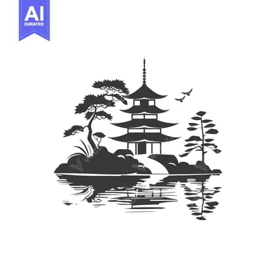 Premium design asset: Pagoda Silhouette with Trees and Reflection on Water