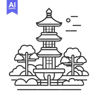 Aset desain premium: Pagoda Structure with Trees and Clouds in Outline Style