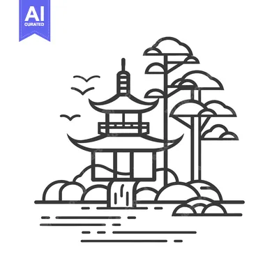Aset desain premium: Pagoda Structure with Waterfall and Birds in a Minimalist Style
