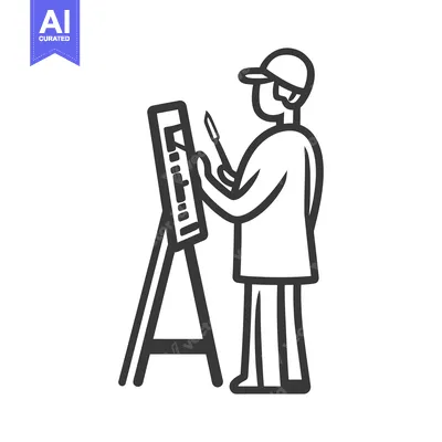 Premium design asset: An artist in cap is painting on a canvas with a palette knife