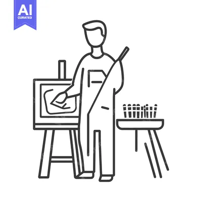 Aset premium populer: An artist standing by an easel holding a painting tool