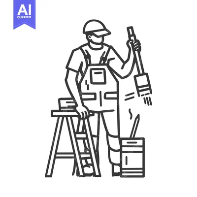 Premium design asset: Painter with Ladder and Paint Can Line Drawing