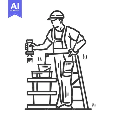 Premium design asset: Painter Working on a Ladder with Tools and a Paint Can