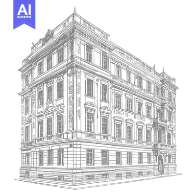 Aset premium populer: A detailed perspective architectural drawing of a grand building struc