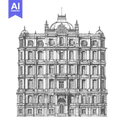 Aset desain premium: A detailed architectural rendering of a grand historic building facade