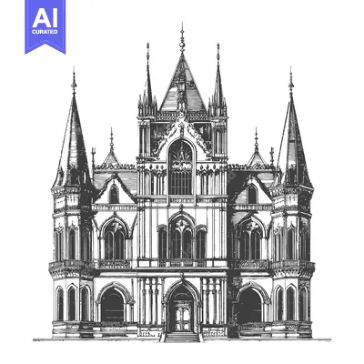 Aset desain premium: A detailed architectural illustration of a large imposing building fac