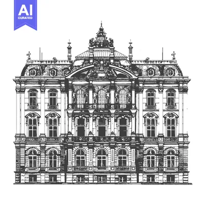 Intricate drawing depicting an ornate historic building facade with de