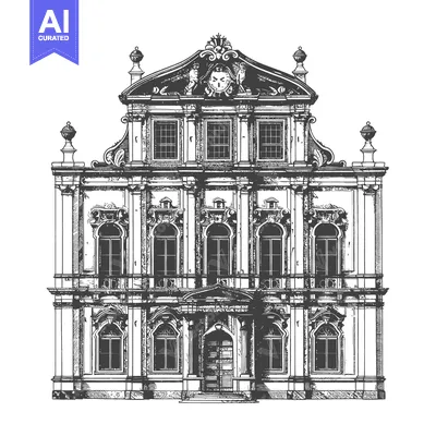 Aset desain premium: A detailed black and white architectural drawing of a large building