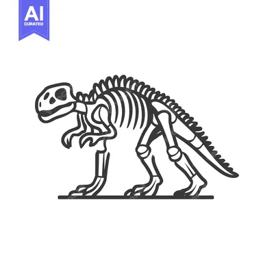 A black and white illustration depicting a dinosaur skeleton