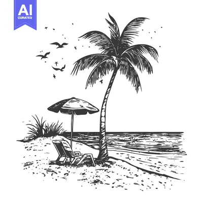Premium design asset: Palm Tree Beach Scene with Lounger and Umbrella