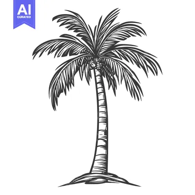 Aset premium populer: A detailed black and white illustration of a tropical palm tree
