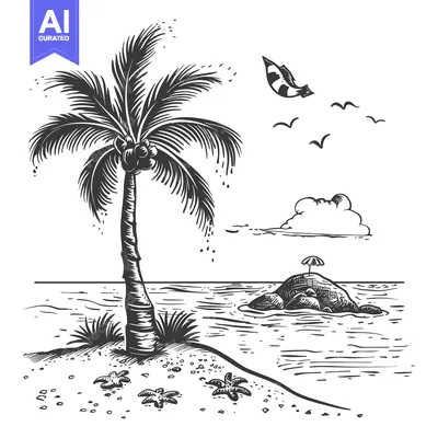 Aset desain premium: Palm Tree on a Tropical Beach with a Small Island in the Distance