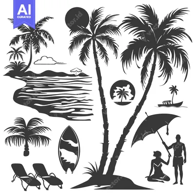 Palm Trees, Beach, and People Silhouettes on a White Background