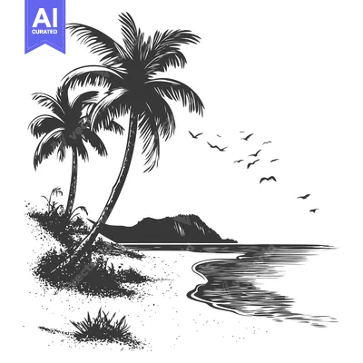 Aset desain premium: Palm Trees on a Beach with Mountains and Birds Flying Overhead