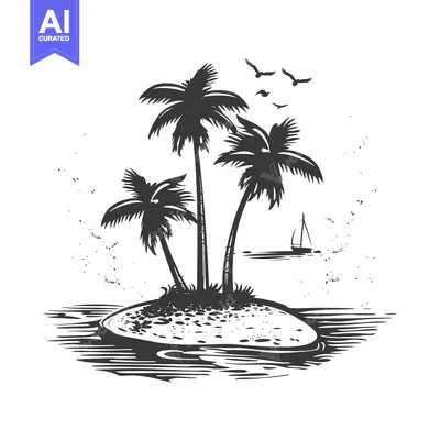 Aset desain premium: Palm Trees on a Small Island with a Sailboat in the Distance
