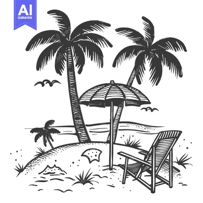 Aset desain premium: Palm Trees, Umbrella, and Beach Chair on a Sandy Beach