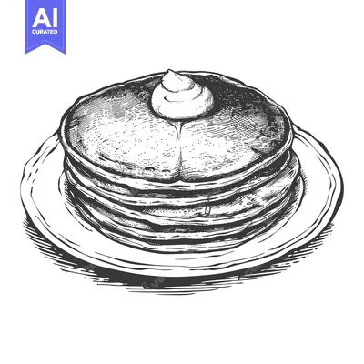 A stack of pancakes with cream and drizzling syrup on a plate