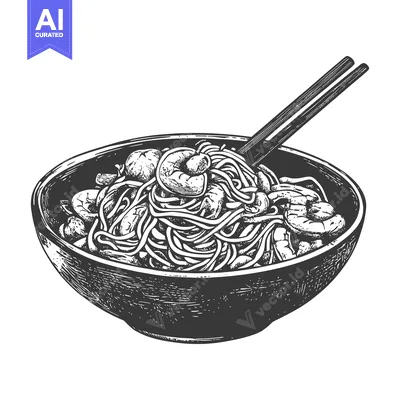 Popular premium asset: Bowl of noodles with shrimp and chopsticks in illustrative style