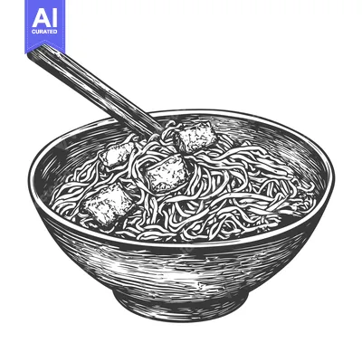 A bowl of noodles with tofu and chopsticks is depicted