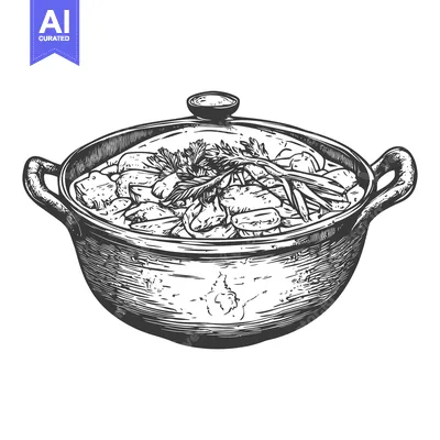 Aset desain premium: A detailed vintage illustration of food in a cooking pot