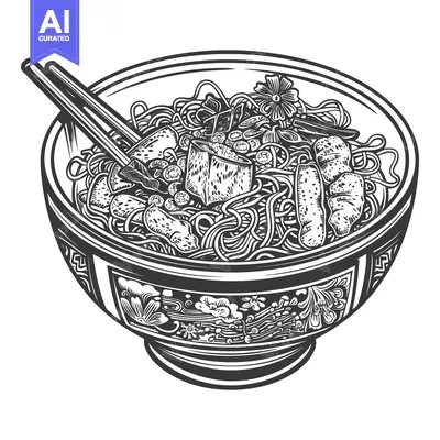 Aset desain premium: A detailed illustration of a bowl containing noodles and various ingre