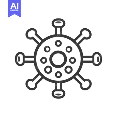 A black and white illustration of a stylized virus particle