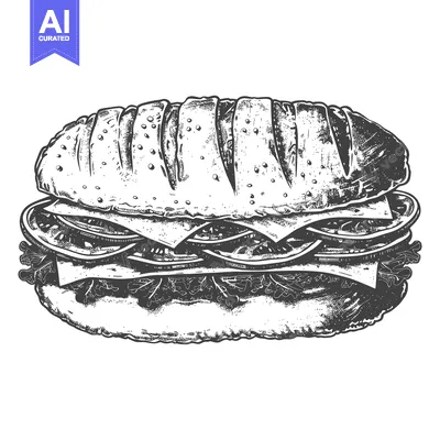 Aset premium populer: A detailed monochrome illustration of a large appetizing sandwich