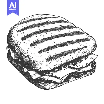 Aset desain premium: A grayscale illustration depicting a grilled sandwich with layered fil