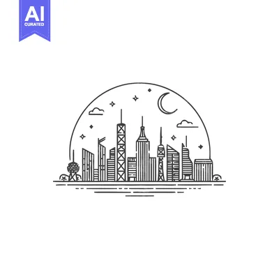 Minimalist Cityscape Line Art with Moon and Stars on White Background