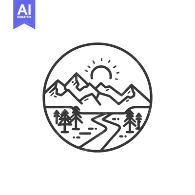 Premium design asset: Minimalist Mountain Landscape with Winding River and Rising Sun in Cir