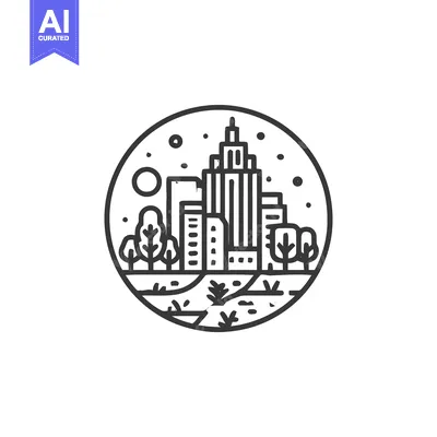 Premium design asset: Minimalist Cityscape in Circle: Buildings, Nature, and Celestial Eleme