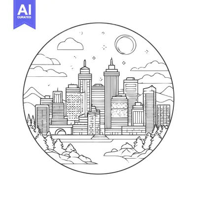 Minimalist Cityscape Line Art in Circle Frame with Nature Elements