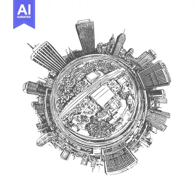Urban Globe: Detailed Sketch of a Cityscape in Spherical Perspective