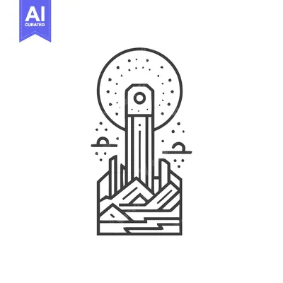 Popular premium asset: Minimalist Tower Landscape Under Dotted Moon, Line Art Illustration