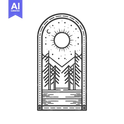 Aset desain premium: Minimalist Forest Landscape with Sun and Moon, Line Art Illustration