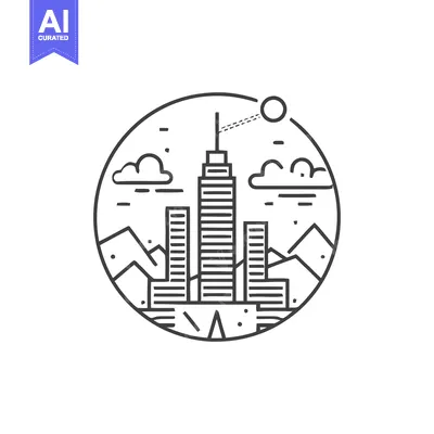 Minimalist Cityscape Line Art with Mountains and Sun in Circle Frame