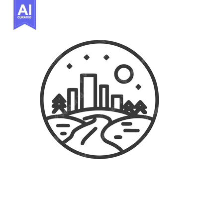 Aset premium populer: Minimalist Cityscape Icon with River, Trees, and Moon in Circular Fram