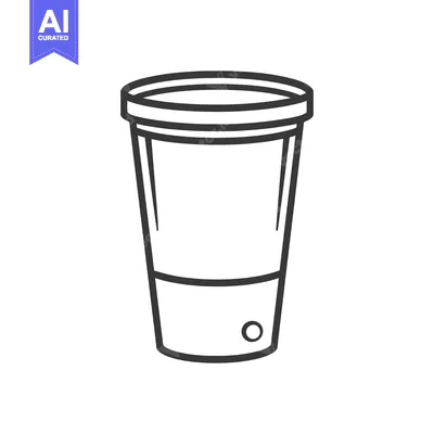 Aset desain premium: A monochrome illustration of a plastic beverage cup is shown