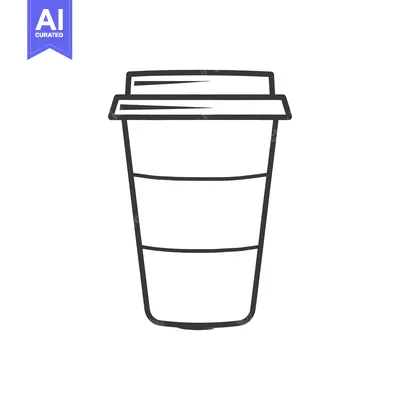 Aset desain premium: A black and white line drawing depicts a disposable coffee cup