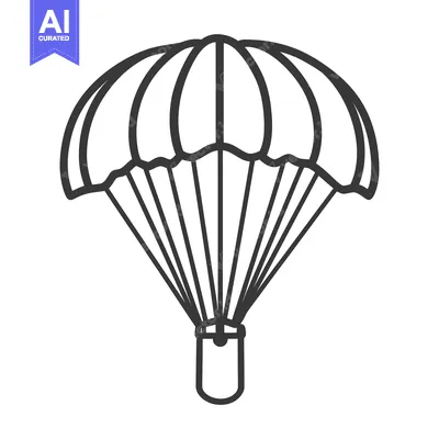 Aset desain premium: A black outline drawing showing a parachute with a container