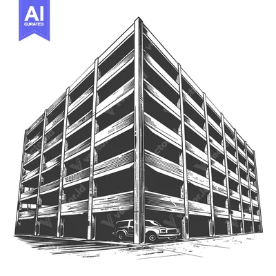 Aset desain premium: A multi story concrete parking garage with vehicles parked inside it